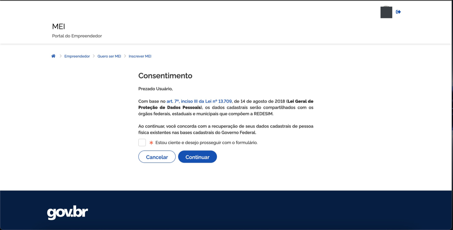 Tela de consentimento (LGPD) do Portal do Empreendedor para inscrição do MEI
