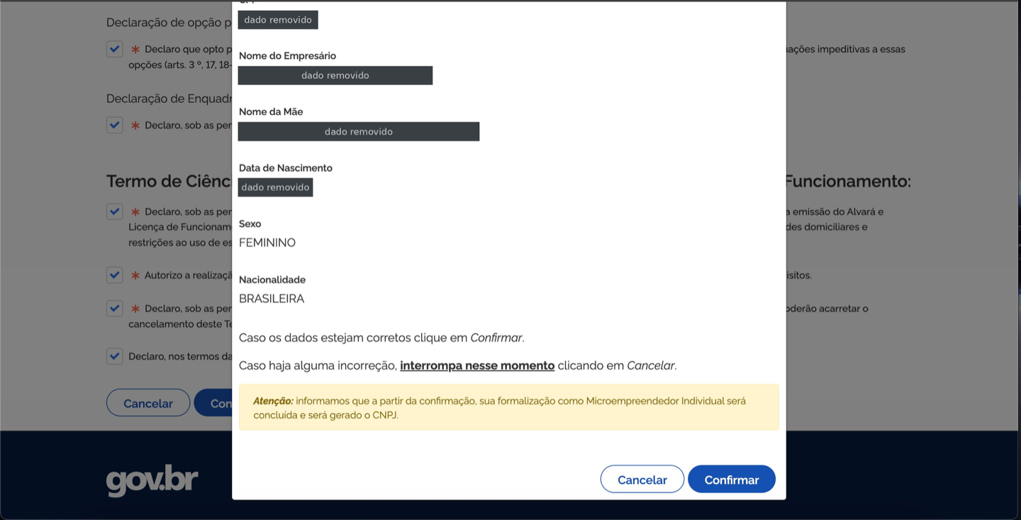 Tela de confirmação do Portal do Empreendedor: ao confirmar, a formalização é concluída e o CNPJ do MEI é gerado